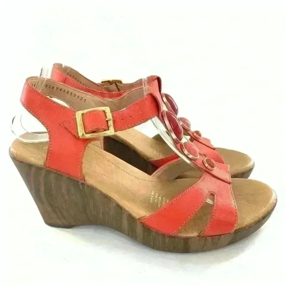 Flexi womens sandals size 7 coral leather t-strap gem wedges costal granny